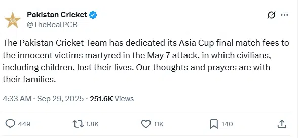 Pakistan Team Donates Asia Cup Final Match Fees to May 7 Attack Victims ind pak